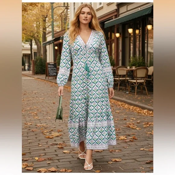 Sunny Spirit Maxi Boho Floral Print V Neck Flowy Tassel with Long Puff Sleeves. - Picture 5 of 16